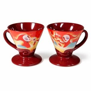 Frangelico Liqueur Mugs Pair Linda Fuchigami 1999 Artist Series Red Ceramic